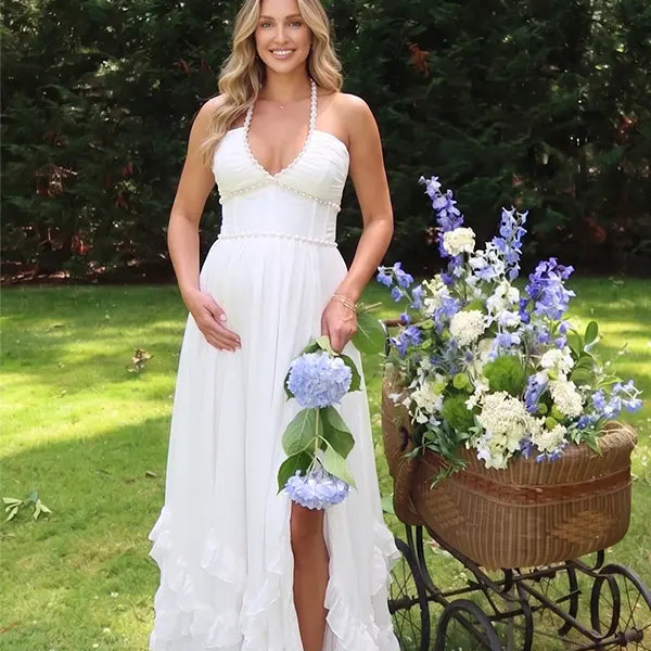 White Pearl Halter Maternity Dress, Greek Goddess Maternity Maxi Dress for Baby Shower, Maternity Photoshoot, Gender Reveal, Pregnancy Announcement, Wedding Guest, Bridal Shower, Formal Events | Bumplook