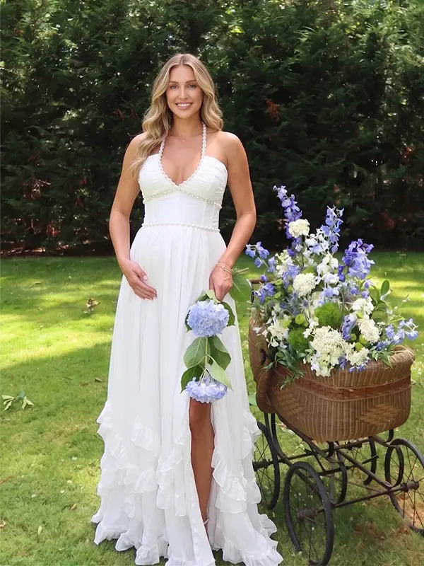 White Pearl Halter Maternity Dress, Greek Goddess Maternity Maxi Dress for Baby Shower, Maternity Photoshoot, Gender Reveal, Pregnancy Announcement, Wedding Guest, Bridal Shower, Formal Events | Bumplook