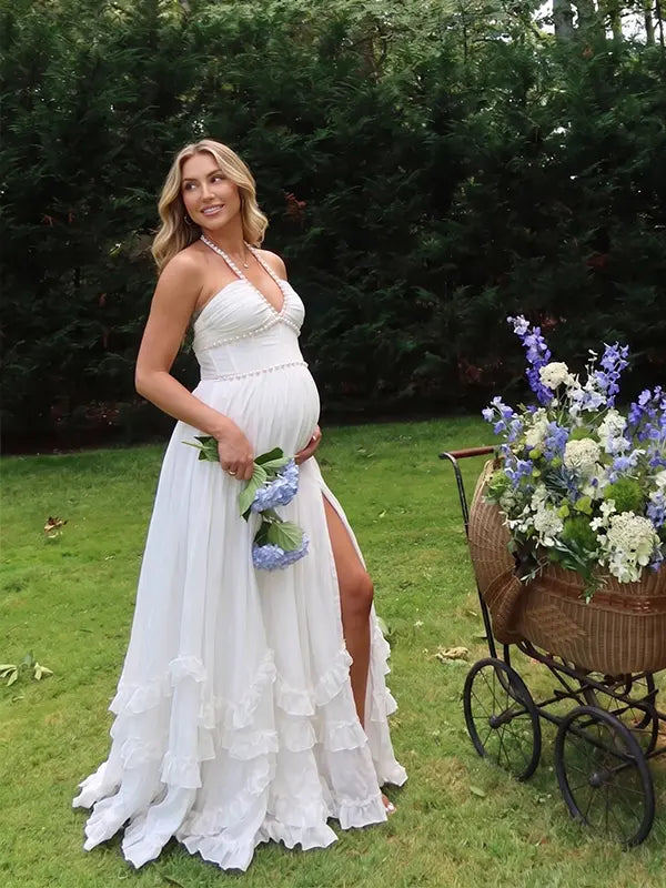 White Pearl Halter Maternity Dress, Greek Goddess Maternity Maxi Dress for Baby Shower, Maternity Photoshoot, Gender Reveal, Pregnancy Announcement, Wedding Guest, Bridal Shower, Formal Events | Bumplook