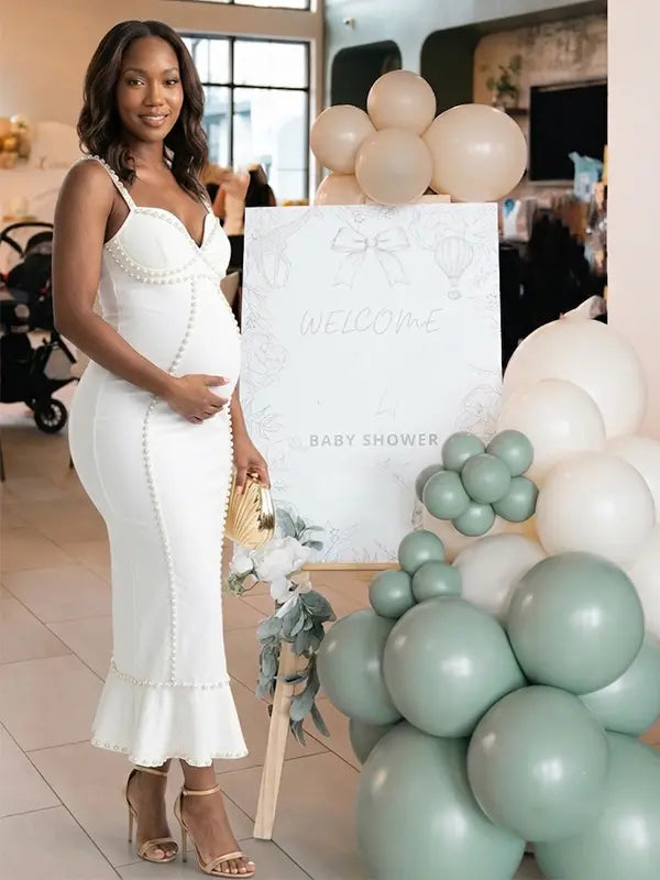 White Pearl Bodycon Maternity Midi Dress, Elegant Pregnancy Dress for Baby Shower, Maternity Photoshoot, Gender Reveal, Bridal Shower, Wedding Guest, Formal Events | Bumplook