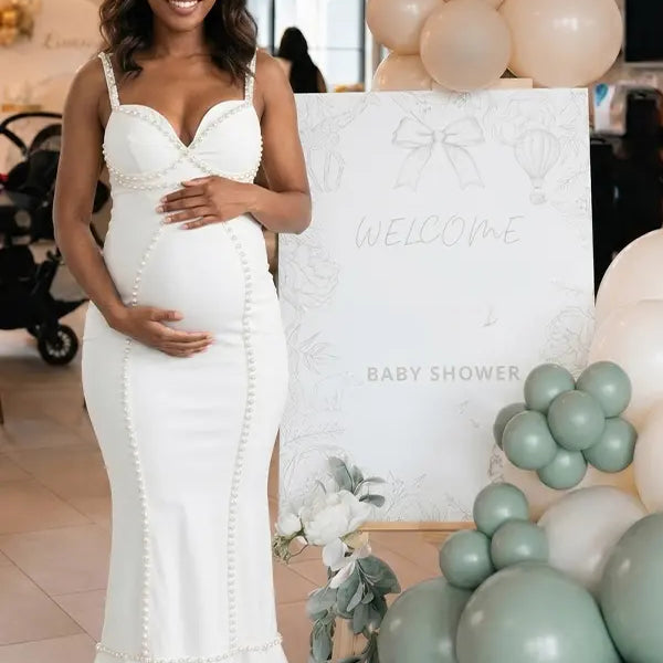White Pearl Bodycon Maternity Midi Dress, Elegant Pregnancy Dress for Baby Shower, Maternity Photoshoot, Gender Reveal, Bridal Shower, Wedding Guest, Formal Events | Bumplook
