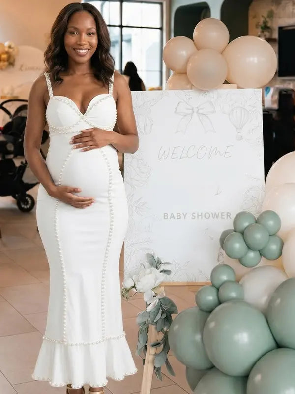 White Pearl Bodycon Maternity Midi Dress, Elegant Pregnancy Dress for Baby Shower, Maternity Photoshoot, Gender Reveal, Bridal Shower, Wedding Guest, Formal Events | Bumplook