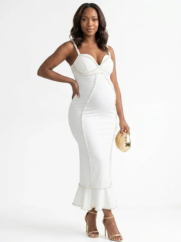 White Pearl Bodycon Maternity Midi Dress, Elegant Pregnancy Dress for Baby Shower, Maternity Photoshoot, Gender Reveal, Bridal Shower, Wedding Guest, Formal Events | Bumplook