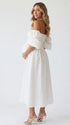 White Puff Sleeve Pregnancy Dress with Smocked Waist and Boho Silhouette | Bumplook
