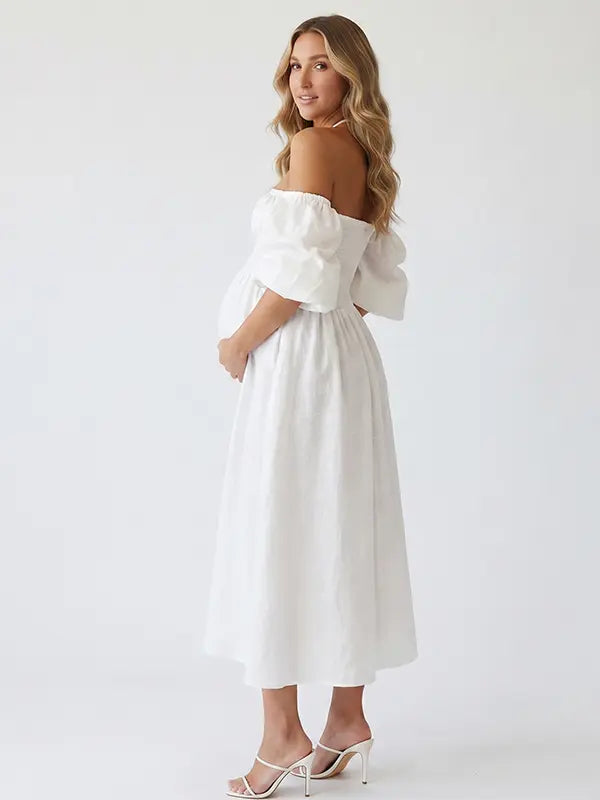 White Puff Sleeve Pregnancy Dress with Smocked Waist and Boho Silhouette | Bumplook