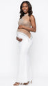 A white rhinestone illusion mesh maternity mermaid maxi dress for luxury maternity photoshoot, baby shower, editorial portrait, and pregnancy announcement.