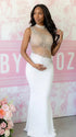 A white rhinestone illusion mesh maternity mermaid maxi dress for luxury maternity photoshoot, baby shower, editorial portrait, and pregnancy announcement.