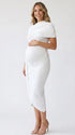 white ruched maternity midi dress with matching shawl and bodycon silhouette