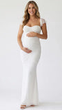 White Ruched Mesh Maternity Maxi Dress for Baby Shower and Maternity Photoshoot