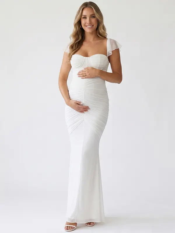 White Ruched Mesh Maternity Maxi Dress for Baby Shower and Maternity Photoshoot
