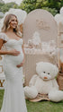 White Ruched Mesh Maternity Maxi Dress for Baby Shower and Maternity Photoshoot