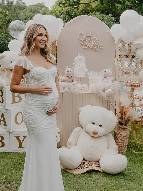 White Ruched Mesh Maternity Maxi Dress for Baby Shower and Maternity Photoshoot