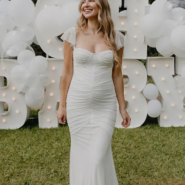 White Ruched Mesh Maternity Maxi Dress for Baby Shower and Maternity Photoshoot