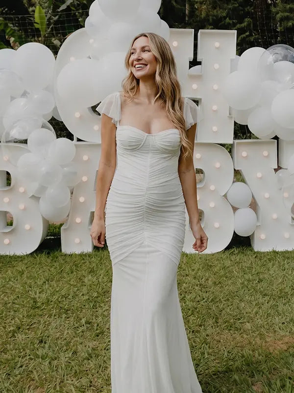 White Ruched Mesh Maternity Maxi Dress for Baby Shower and Maternity Photoshoot