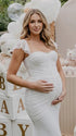White Ruched Mesh Maternity Maxi Dress for Baby Shower and Maternity Photoshoot
