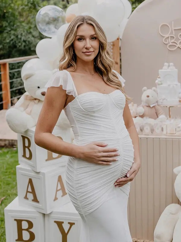 White Ruched Mesh Maternity Maxi Dress for Baby Shower and Maternity Photoshoot