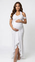 White ruffle halter maternity maxi dress with flattering ruching and high-low hem for baby shower photoshoot
