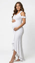 White ruffle halter maternity maxi dress with flattering ruching and high-low hem for baby shower photoshoot