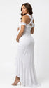 White ruffle halter maternity maxi dress with flattering ruching and high-low hem for baby shower photoshoot