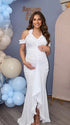 White ruffle halter maternity maxi dress with flattering ruching and high-low hem for baby shower photoshoot