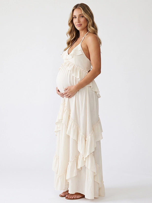 White Ruffle Maternity Dress with Flowing Empire Waist | Bumplook