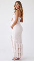White Ruffle Mermaid Maternity Dress with Floral Lace Detail | Bumplook