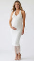 white sequin fringe maternity midi dress with halter neckline and open back