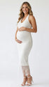 white sequin fringe maternity midi dress with halter neckline and open back