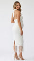 white sequin fringe maternity midi dress with halter neckline and open back