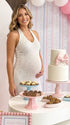 white sequin fringe maternity midi dress with halter neckline and open back
