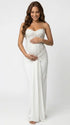 white sequin strapless maternity maxi dress with ruched bodycon silhouette