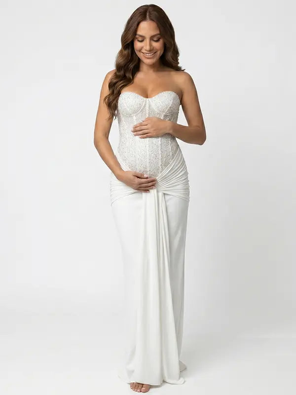 white sequin strapless maternity maxi dress with ruched bodycon silhouette