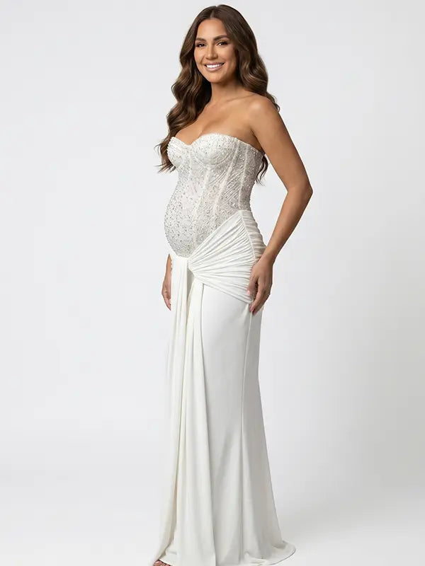 white sequin strapless maternity maxi dress with ruched bodycon silhouette