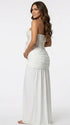 white sequin strapless maternity maxi dress with ruched bodycon silhouette
