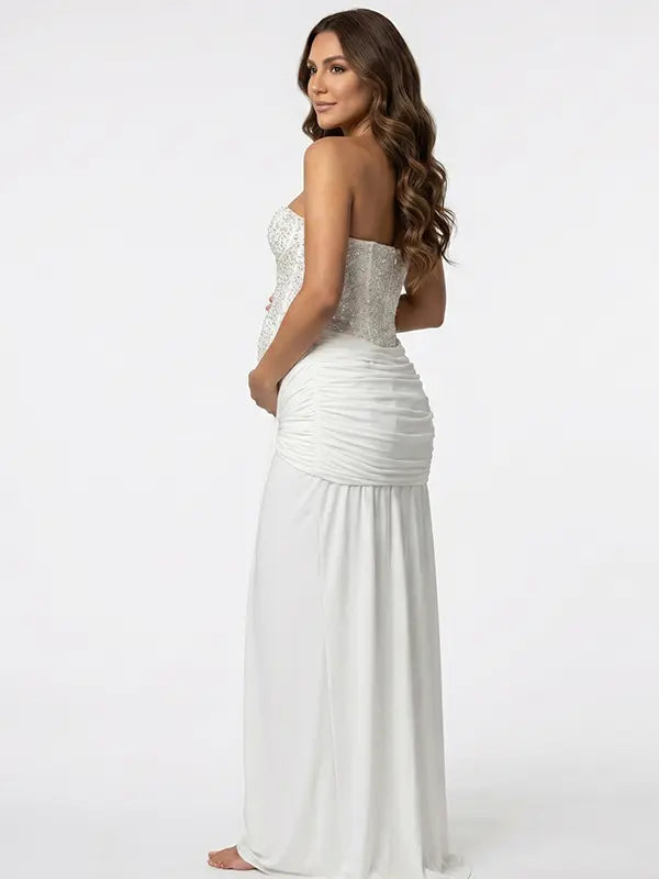 white sequin strapless maternity maxi dress with ruched bodycon silhouette