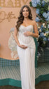 white sequin strapless maternity maxi dress with ruched bodycon silhouette