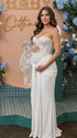 white sequin strapless maternity maxi dress with ruched bodycon silhouette