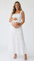 White Smocked Two Piece Maternity Maxi Skirt Set with Square Neck Cropped Top for Baby Shower, Maternity Photoshoot, Pregnancy Announcement, Babymoon, Beach Vacation and Bridal Shower | Bumplook