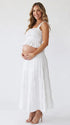 White Smocked Two Piece Maternity Maxi Skirt Set with Square Neck Cropped Top for Baby Shower, Maternity Photoshoot, Pregnancy Announcement, Babymoon, Beach Vacation and Bridal Shower | Bumplook