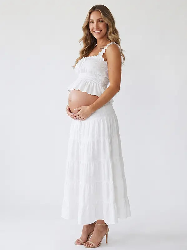 White Smocked Two Piece Maternity Maxi Skirt Set with Square Neck Cropped Top for Baby Shower, Maternity Photoshoot, Pregnancy Announcement, Babymoon, Beach Vacation and Bridal Shower | Bumplook
