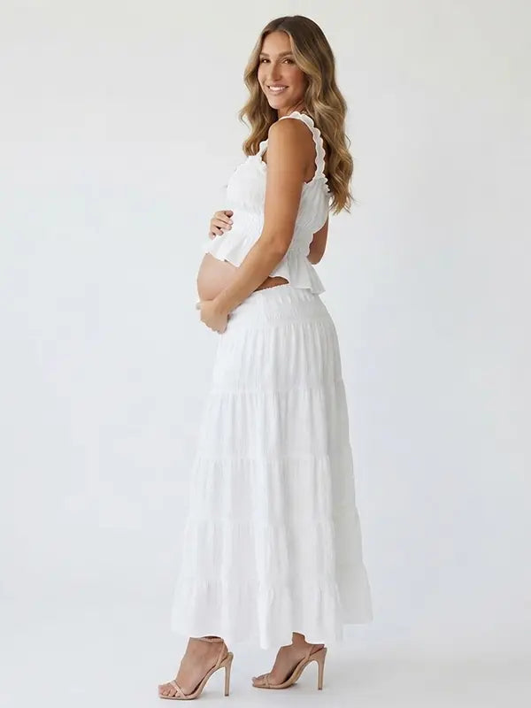 White Smocked Two Piece Maternity Maxi Skirt Set with Square Neck Cropped Top for Baby Shower, Maternity Photoshoot, Pregnancy Announcement, Babymoon, Beach Vacation and Bridal Shower | Bumplook