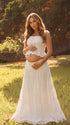 White Smocked Two Piece Maternity Maxi Skirt Set with Square Neck Cropped Top for Baby Shower, Maternity Photoshoot, Pregnancy Announcement, Babymoon, Beach Vacation and Bridal Shower | Bumplook