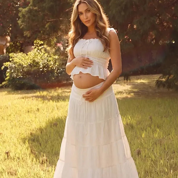White Smocked Two Piece Maternity Maxi Skirt Set with Square Neck Cropped Top for Baby Shower, Maternity Photoshoot, Pregnancy Announcement, Babymoon, Beach Vacation and Bridal Shower | Bumplook