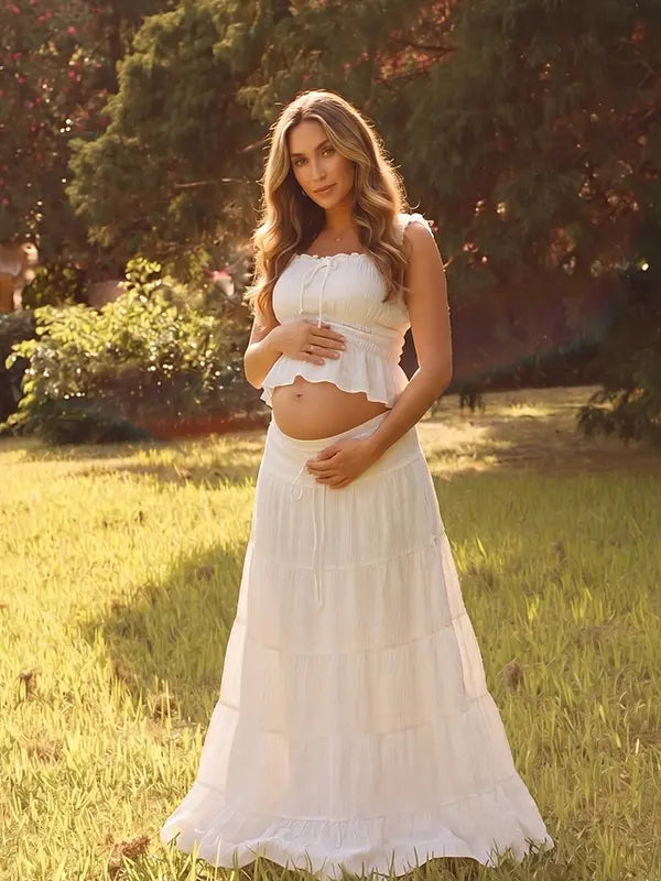 White Smocked Two Piece Maternity Maxi Skirt Set with Square Neck Cropped Top for Baby Shower, Maternity Photoshoot, Pregnancy Announcement, Babymoon, Beach Vacation and Bridal Shower | Bumplook