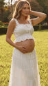 White Smocked Two Piece Maternity Maxi Skirt Set with Square Neck Cropped Top for Baby Shower, Maternity Photoshoot, Pregnancy Announcement, Babymoon, Beach Vacation and Bridal Shower | Bumplook