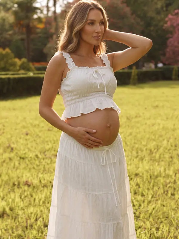 White Smocked Two Piece Maternity Maxi Skirt Set with Square Neck Cropped Top for Baby Shower, Maternity Photoshoot, Pregnancy Announcement, Babymoon, Beach Vacation and Bridal Shower | Bumplook