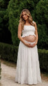White Smocked Two Piece Maternity Maxi Skirt Set with Square Neck Cropped Top for Baby Shower, Maternity Photoshoot, Pregnancy Announcement, Babymoon, Beach Vacation and Bridal Shower | Bumplook