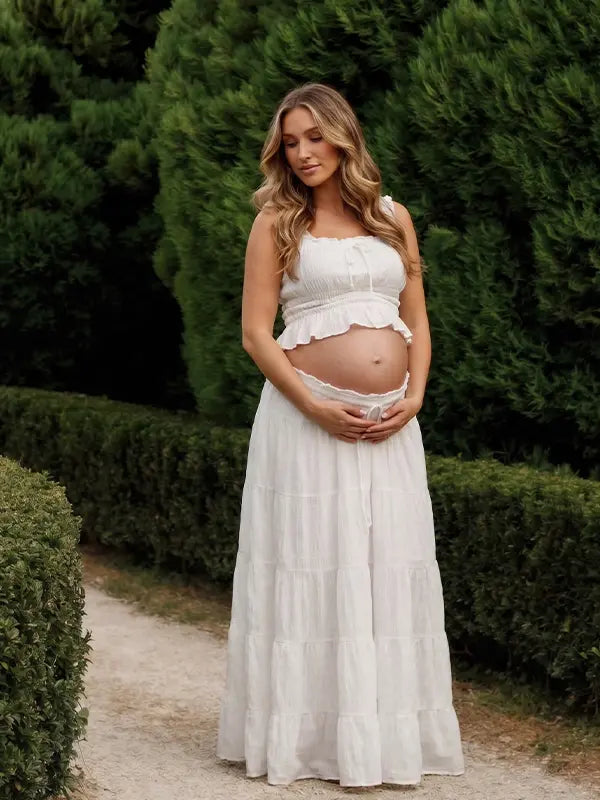 White Smocked Two Piece Maternity Maxi Skirt Set with Square Neck Cropped Top for Baby Shower, Maternity Photoshoot, Pregnancy Announcement, Babymoon, Beach Vacation and Bridal Shower | Bumplook
