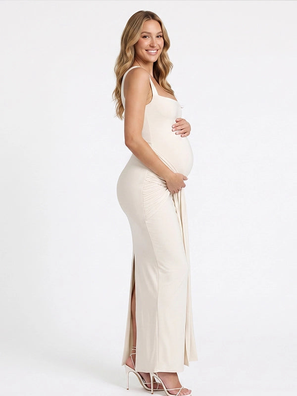 White Draped Maternity Dress with Square Neck | Bumplook