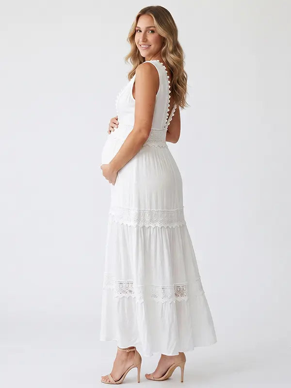 White Maternity Photoshoot Dress with Deep V-Neck and Boho Lace Details for Outdoor Pregnancy Portraits | Bumplook